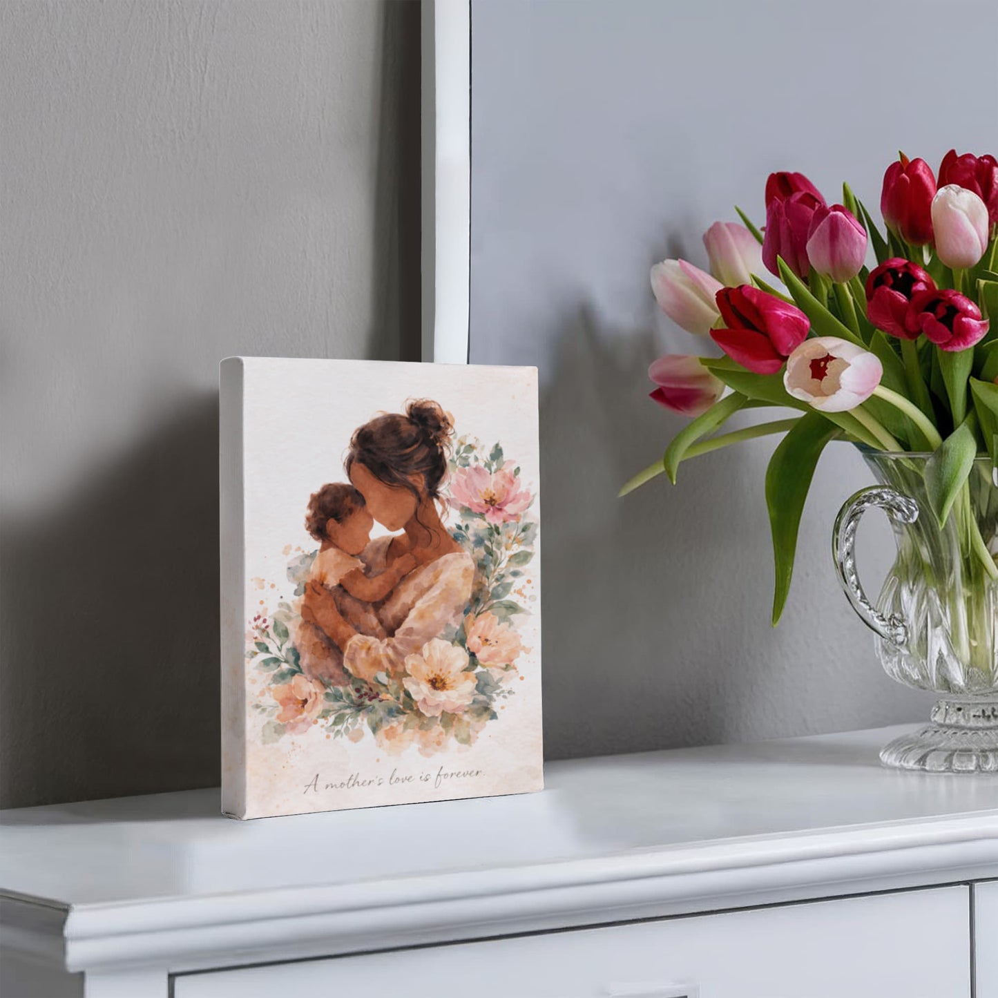 Medium Skin Mother and Child Watercolor Canvas Wall Art | Elegant Motherhood Artwork | Meaningful Mother's Day Gift