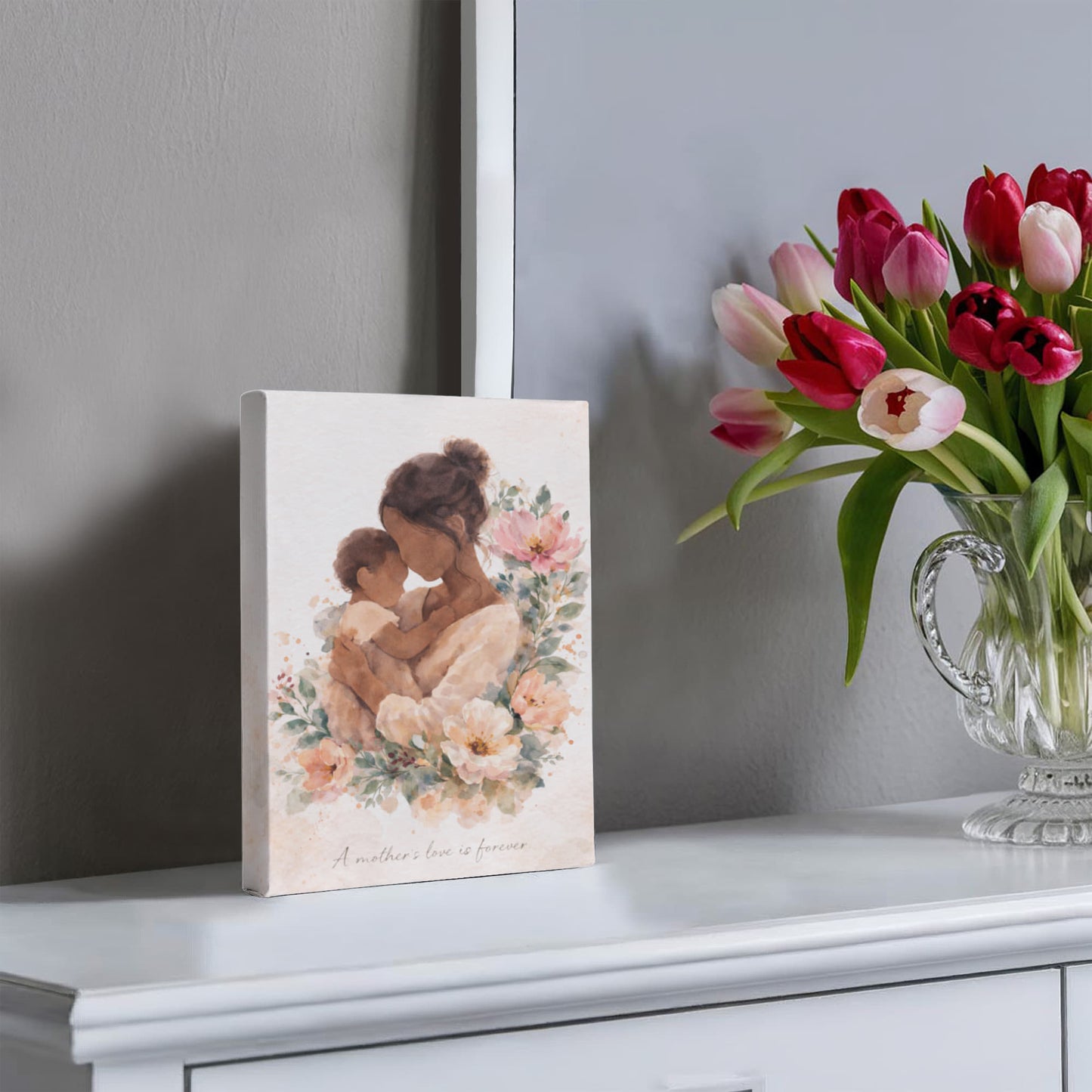 Light Skin Mother and Child Watercolor Canvas Wall Art | Elegant Motherhood Artwork | Meaningful Mother's Day Gift