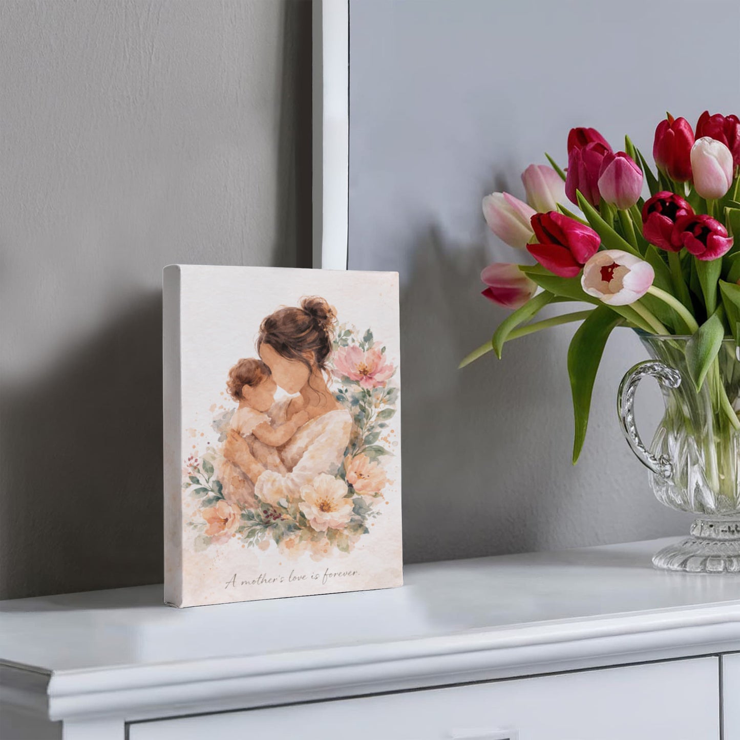 Fair Skin Mother and Child Watercolor Canvas Wall Art | Elegant Motherhood Artwork | Meaningful Mother's Day Gift