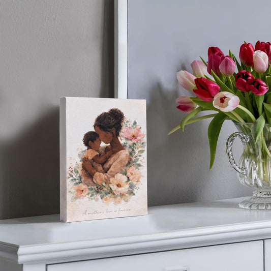 Dark Skin Mother and Child Watercolor Canvas Wall Art | Elegant Motherhood Artwork | Meaningful Mother's Day Gift