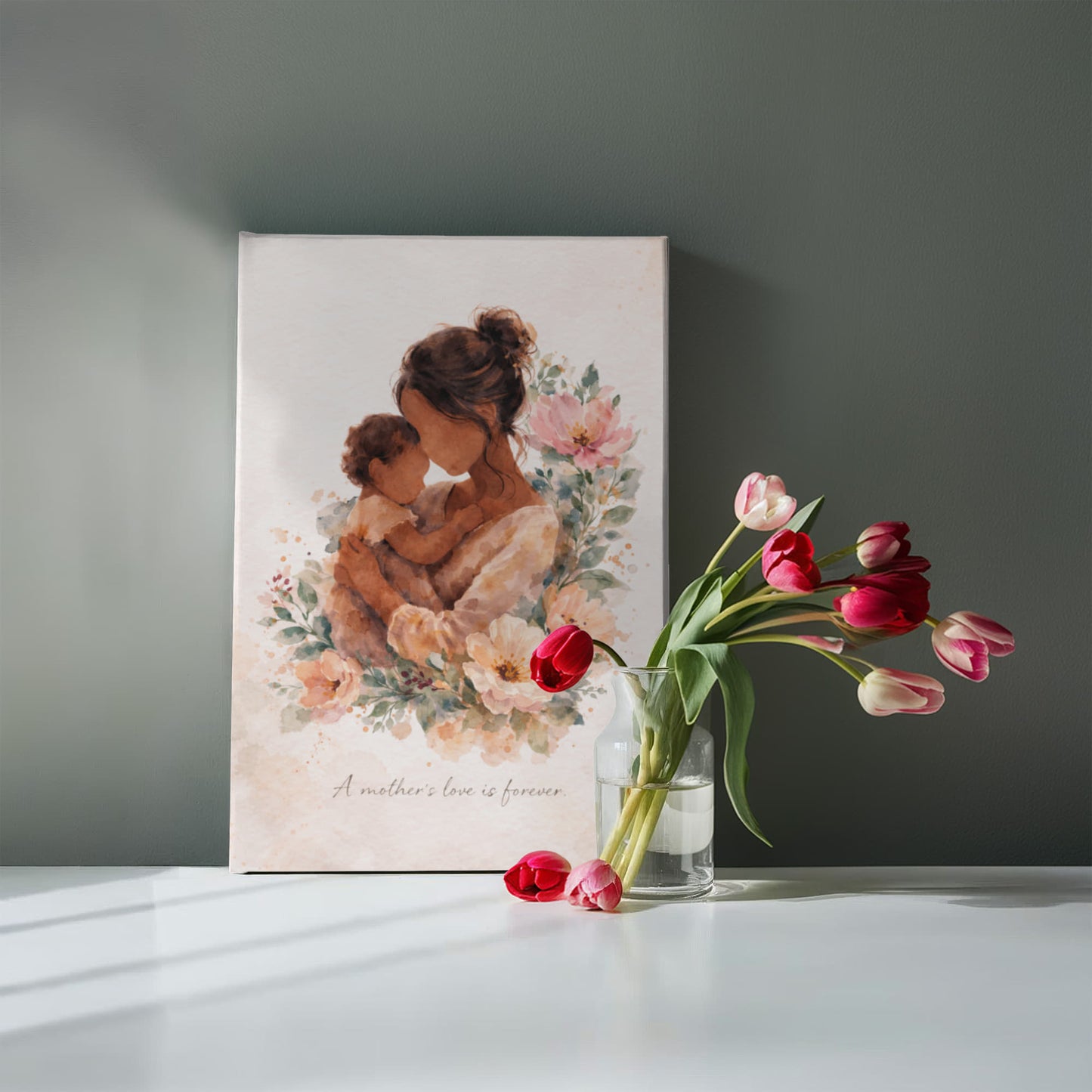 Medium Skin Mother and Child Watercolor Canvas Wall Art | Elegant Motherhood Artwork | Meaningful Mother's Day Gift