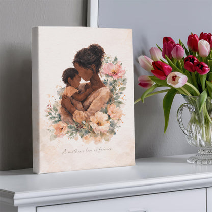 Dark Skin Mother and Child Watercolor Canvas Wall Art | Elegant Motherhood Artwork | Meaningful Mother's Day Gift