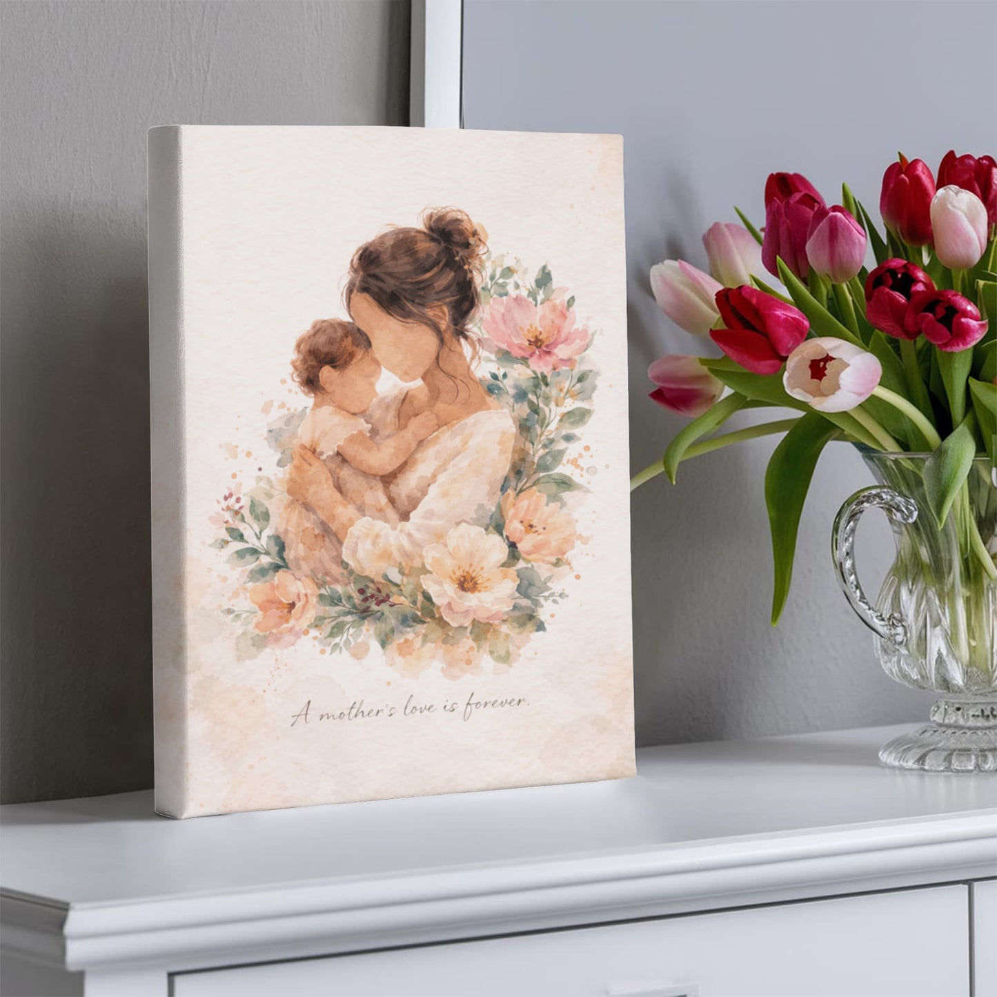 Fair Skin Mother and Child Watercolor Canvas Wall Art | Elegant Motherhood Artwork | Meaningful Mother's Day Gift