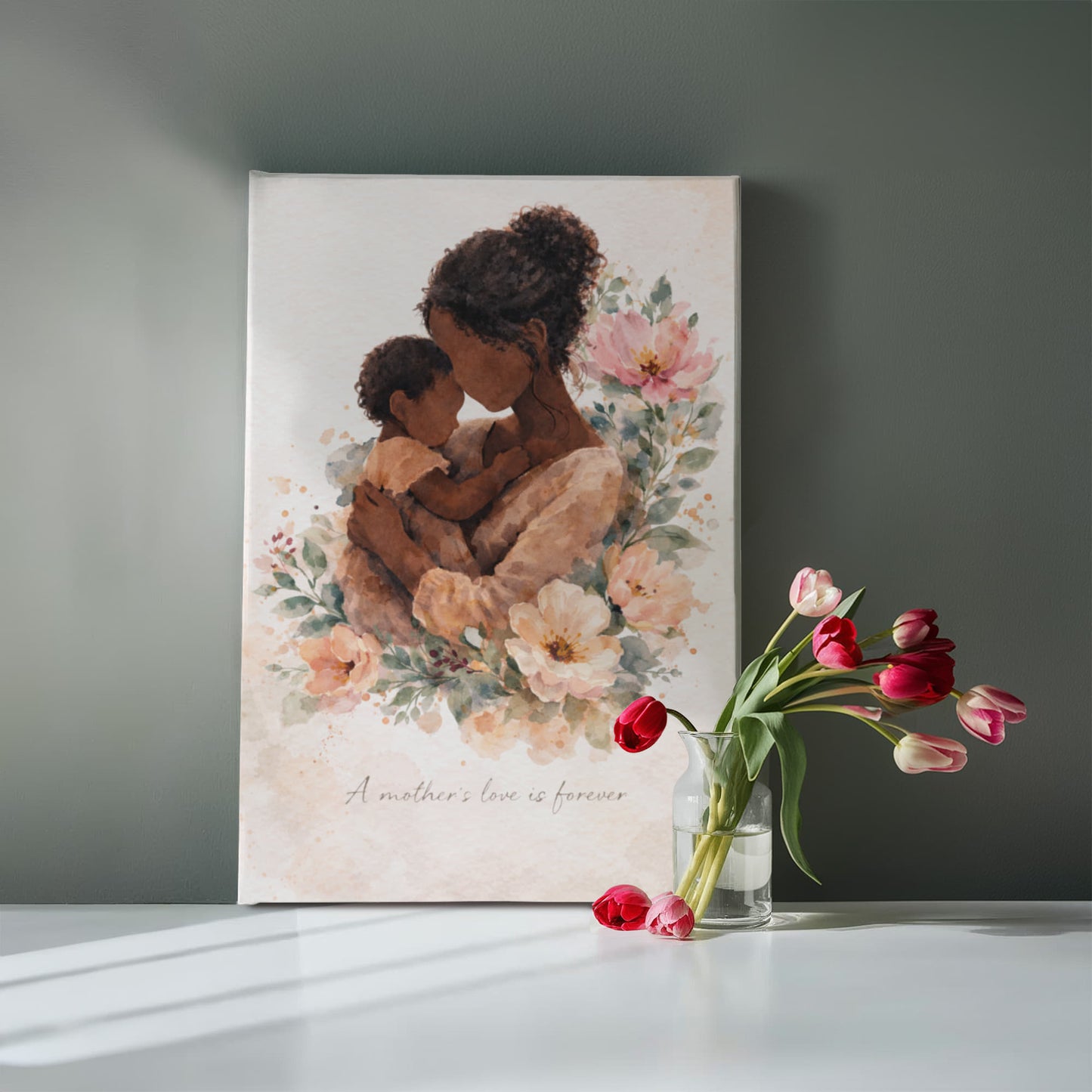 Dark Skin Mother and Child Watercolor Canvas Wall Art | Elegant Motherhood Artwork | Meaningful Mother's Day Gift