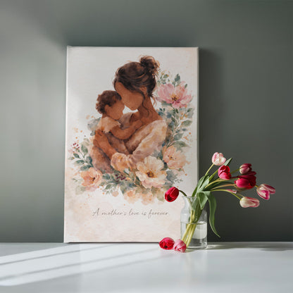 Medium Skin Mother and Child Watercolor Canvas Wall Art | Elegant Motherhood Artwork | Meaningful Mother's Day Gift