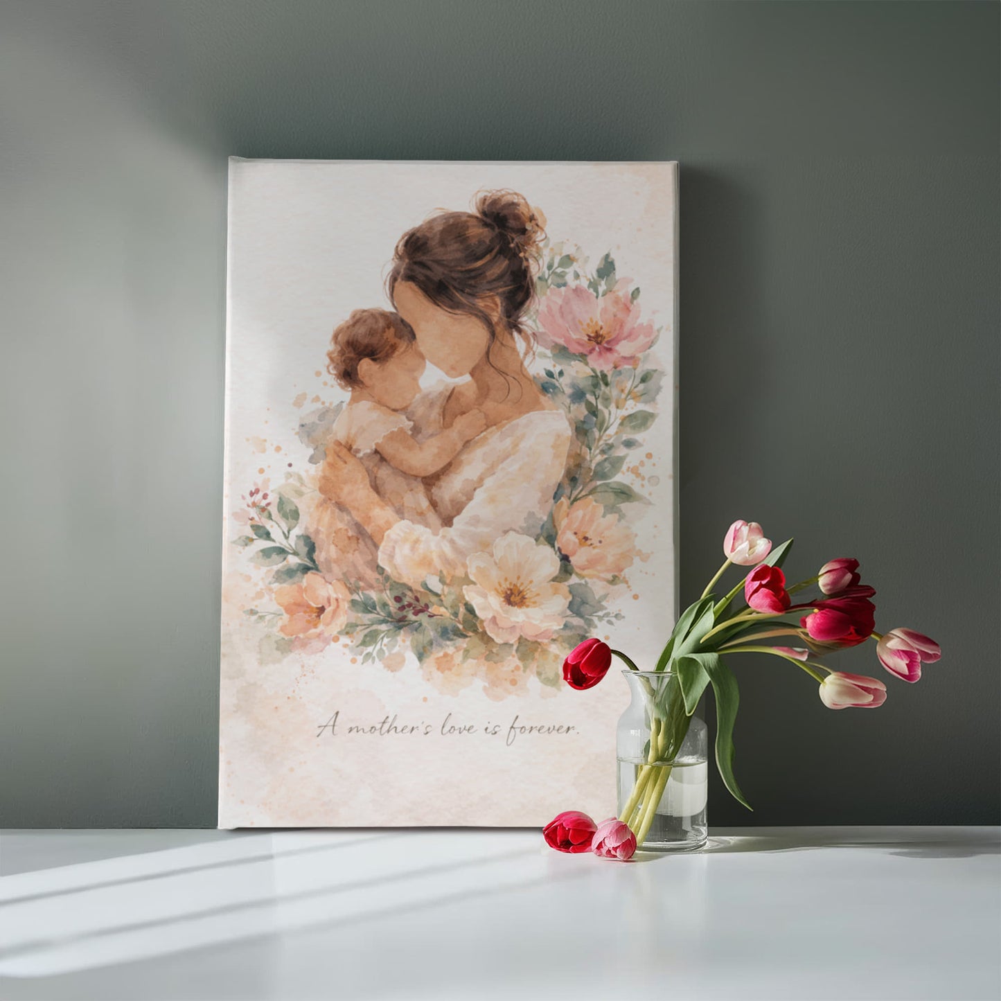Fair Skin Mother and Child Watercolor Canvas Wall Art | Elegant Motherhood Artwork | Meaningful Mother's Day Gift