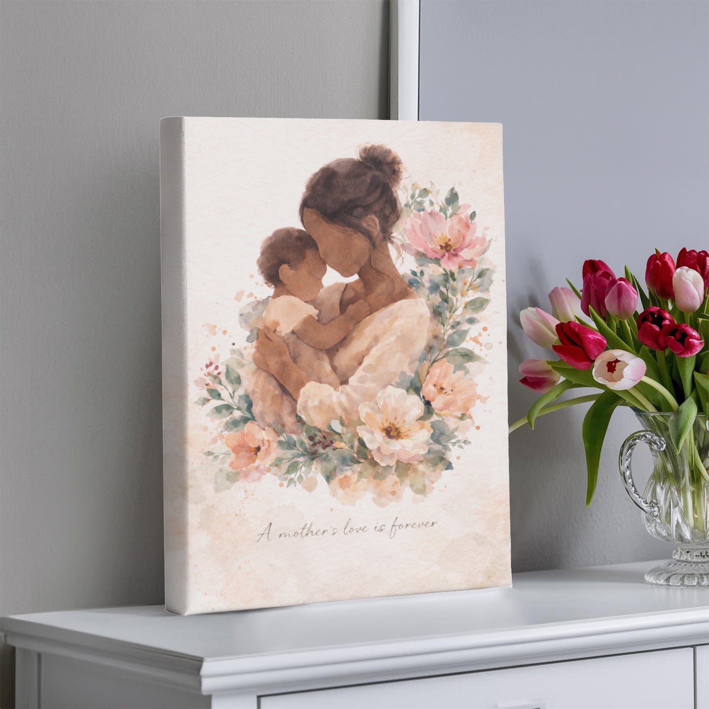 Light Skin Mother and Child Watercolor Canvas Wall Art | Elegant Motherhood Artwork | Meaningful Mother's Day Gift