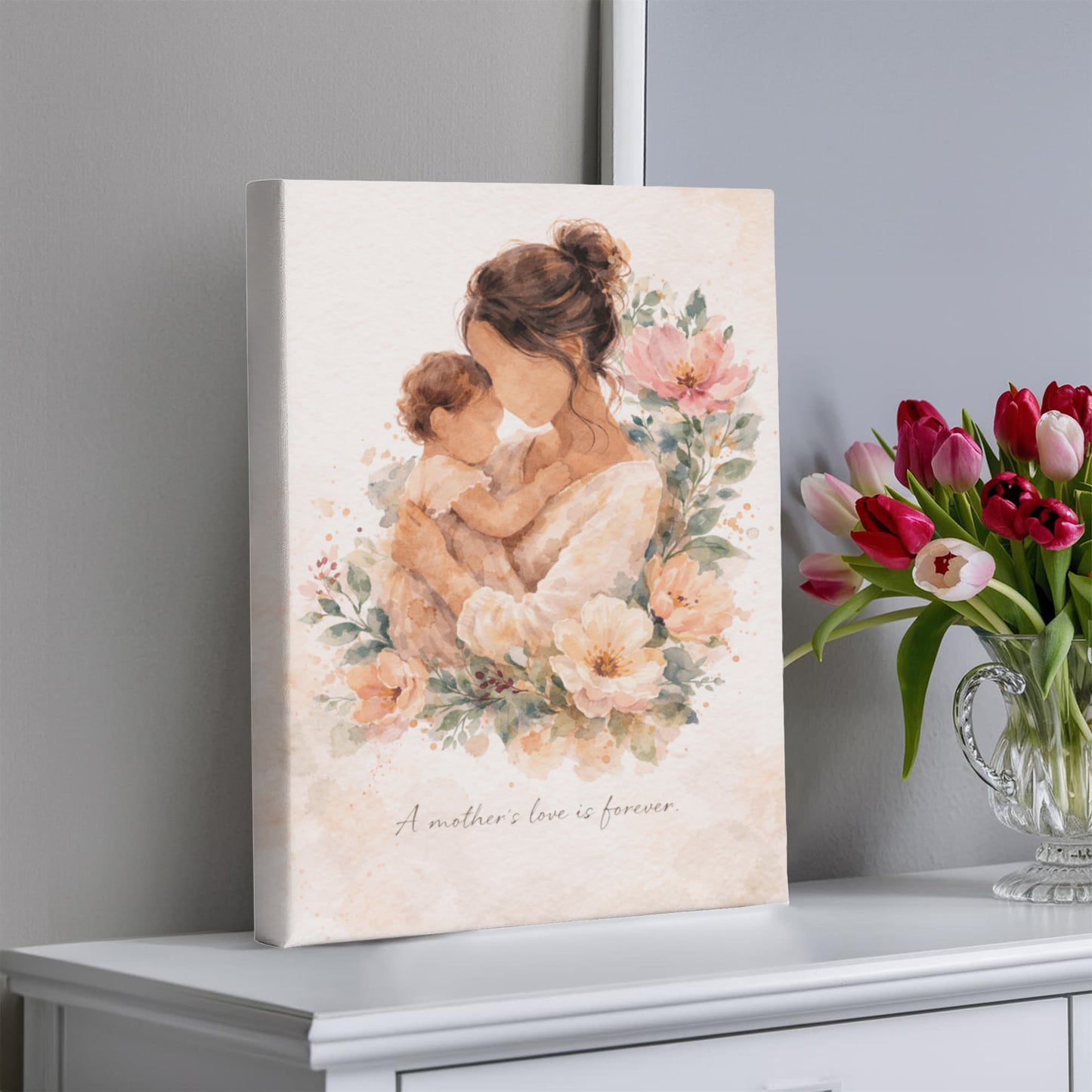 Fair Skin Mother and Child Watercolor Canvas Wall Art | Elegant Motherhood Artwork | Meaningful Mother's Day Gift