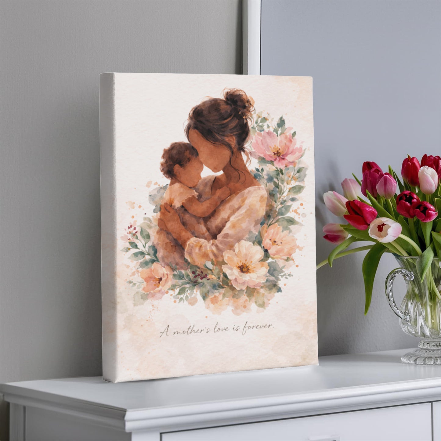 Medium Skin Mother and Child Watercolor Canvas Wall Art | Elegant Motherhood Artwork | Meaningful Mother's Day Gift