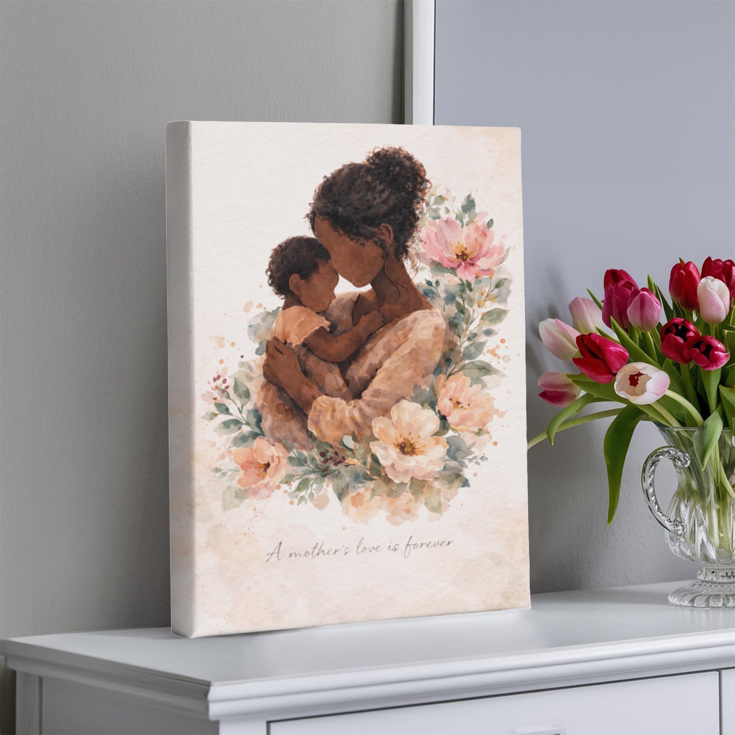 Dark Skin Mother and Child Watercolor Canvas Wall Art | Elegant Motherhood Artwork | Meaningful Mother's Day Gift