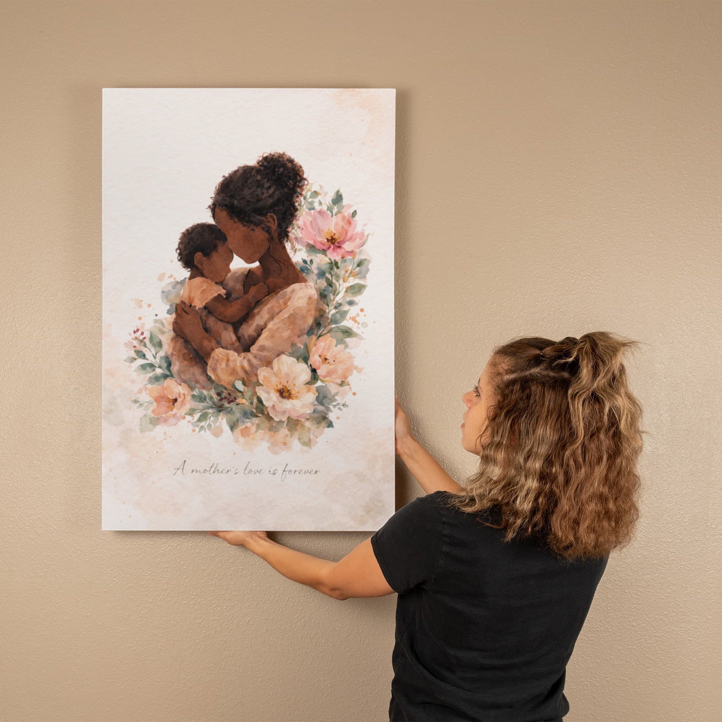 Dark Skin Mother and Child Watercolor Canvas Wall Art | Elegant Motherhood Artwork | Meaningful Mother's Day Gift