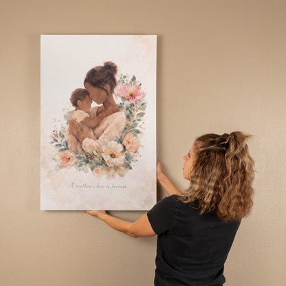 Light Skin Mother and Child Watercolor Canvas Wall Art | Elegant Motherhood Artwork | Meaningful Mother's Day Gift