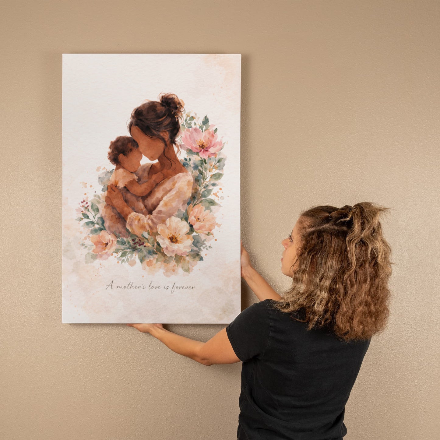 Medium Skin Mother and Child Watercolor Canvas Wall Art | Elegant Motherhood Artwork | Meaningful Mother's Day Gift