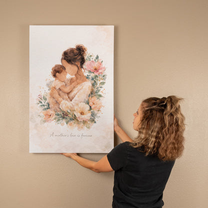 Fair Skin Mother and Child Watercolor Canvas Wall Art | Elegant Motherhood Artwork | Meaningful Mother's Day Gift