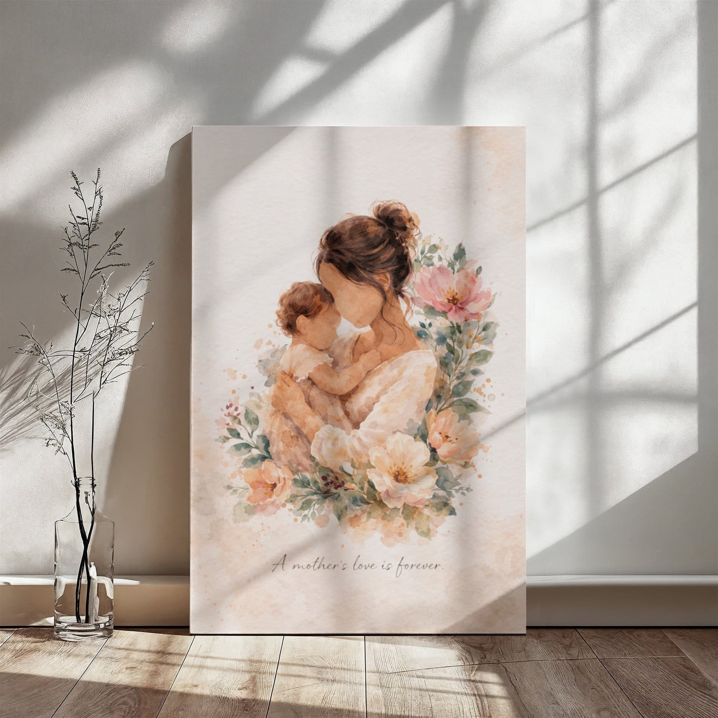Fair Skin Mother and Child Watercolor Canvas Wall Art | Elegant Motherhood Artwork | Meaningful Mother's Day Gift
