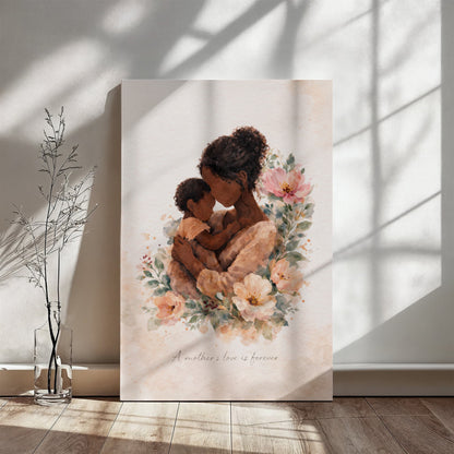 Dark Skin Mother and Child Watercolor Canvas Wall Art | Elegant Motherhood Artwork | Meaningful Mother's Day Gift