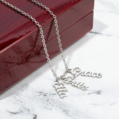Personalized Vertical Name Necklace with Multiple Charms – Custom Script Names Gift for Mom