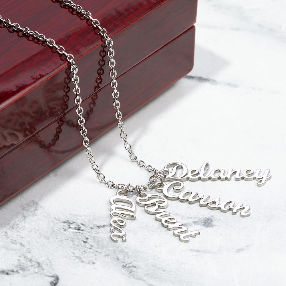 Personalized Vertical Name Necklace with Multiple Charms – Custom Script Names Gift for Mom