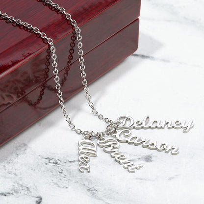 Personalized Vertical Name Necklace with Multiple Charms – Custom Script Names Gift for Mom