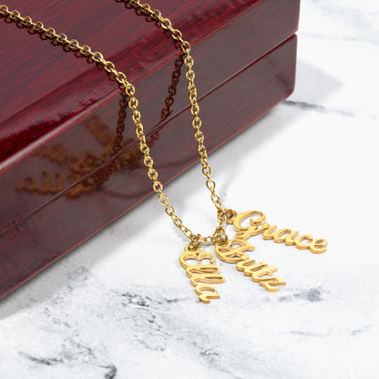 Personalized Vertical Name Necklace with Multiple Charms – Custom Script Names Gift for Mom