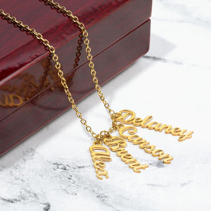 Personalized Vertical Name Necklace with Multiple Charms – Custom Script Names Gift for Mom