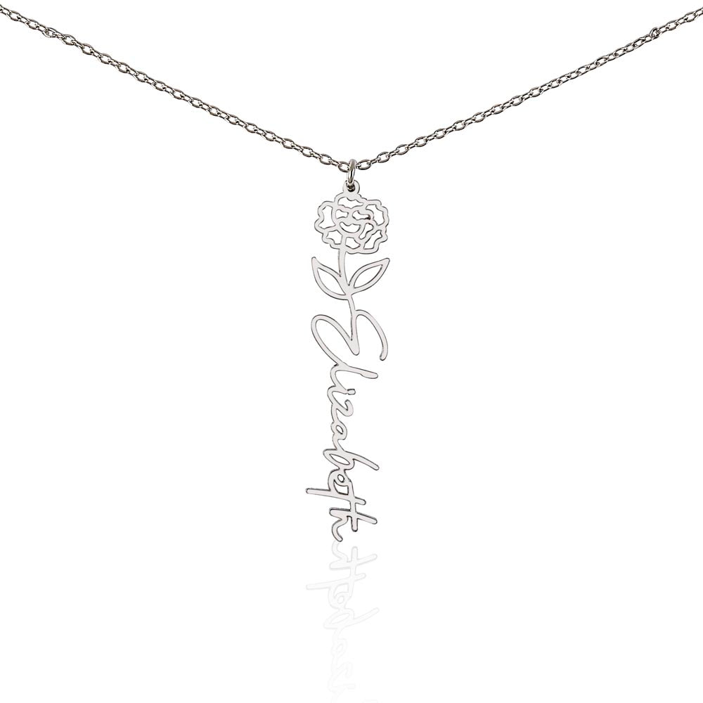 Personalized Birth Flower Name Necklace – Custom Vertical Signature Script Pendant Gift