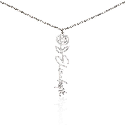 Personalized Birth Flower Name Necklace – Custom Vertical Signature Script Pendant Gift