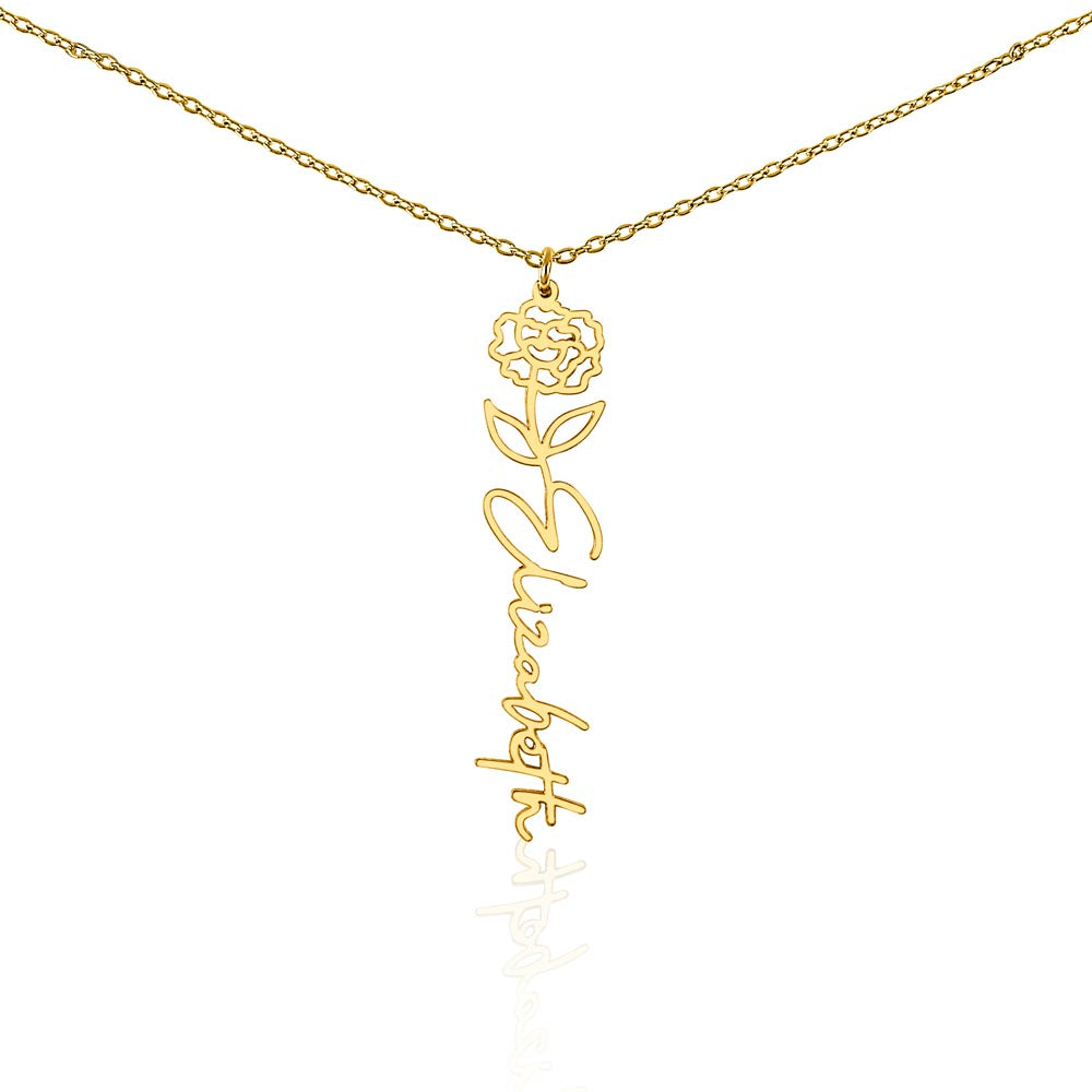 Personalized Birth Flower Name Necklace – Custom Vertical Signature Script Pendant Gift