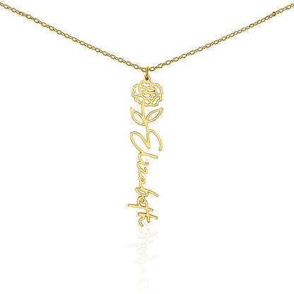 Personalized Birth Flower Name Necklace – Custom Vertical Signature Script Pendant Gift