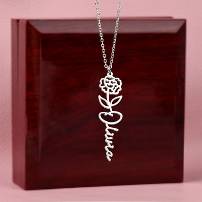 Personalized Birth Flower Name Necklace – Custom Vertical Signature Script Pendant Gift