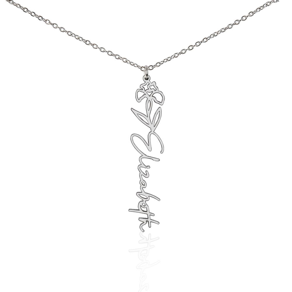 Personalized Birth Flower Name Necklace – Custom Vertical Signature Script Pendant Gift