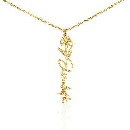 Personalized Birth Flower Name Necklace – Custom Vertical Signature Script Pendant Gift