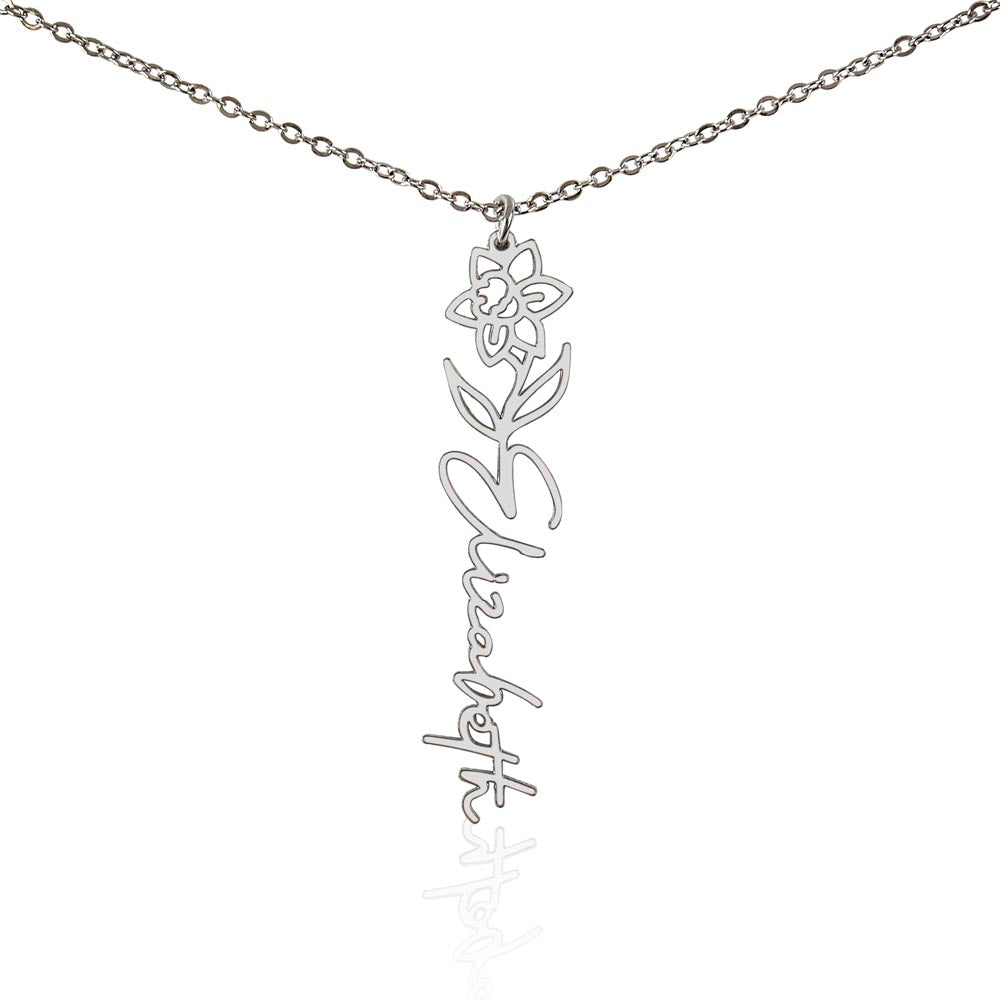 Personalized Birth Flower Name Necklace – Custom Vertical Signature Script Pendant Gift