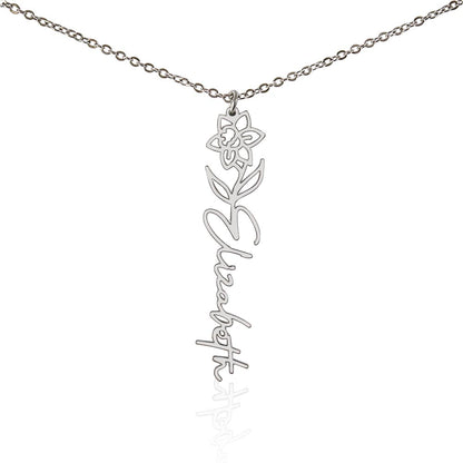 Personalized Birth Flower Name Necklace – Custom Vertical Signature Script Pendant Gift