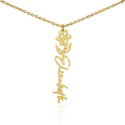 Personalized Birth Flower Name Necklace – Custom Vertical Signature Script Pendant Gift