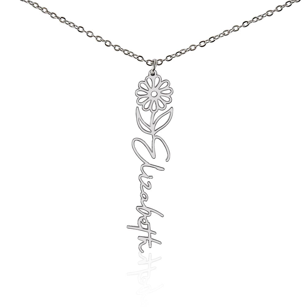 Personalized Birth Flower Name Necklace – Custom Vertical Signature Script Pendant Gift