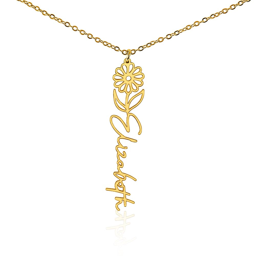 Personalized Birth Flower Name Necklace – Custom Vertical Signature Script Pendant Gift