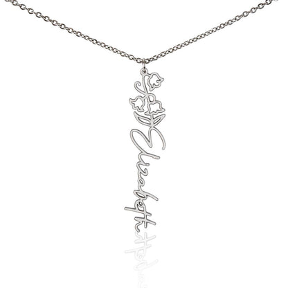 Personalized Birth Flower Name Necklace – Custom Vertical Signature Script Pendant Gift