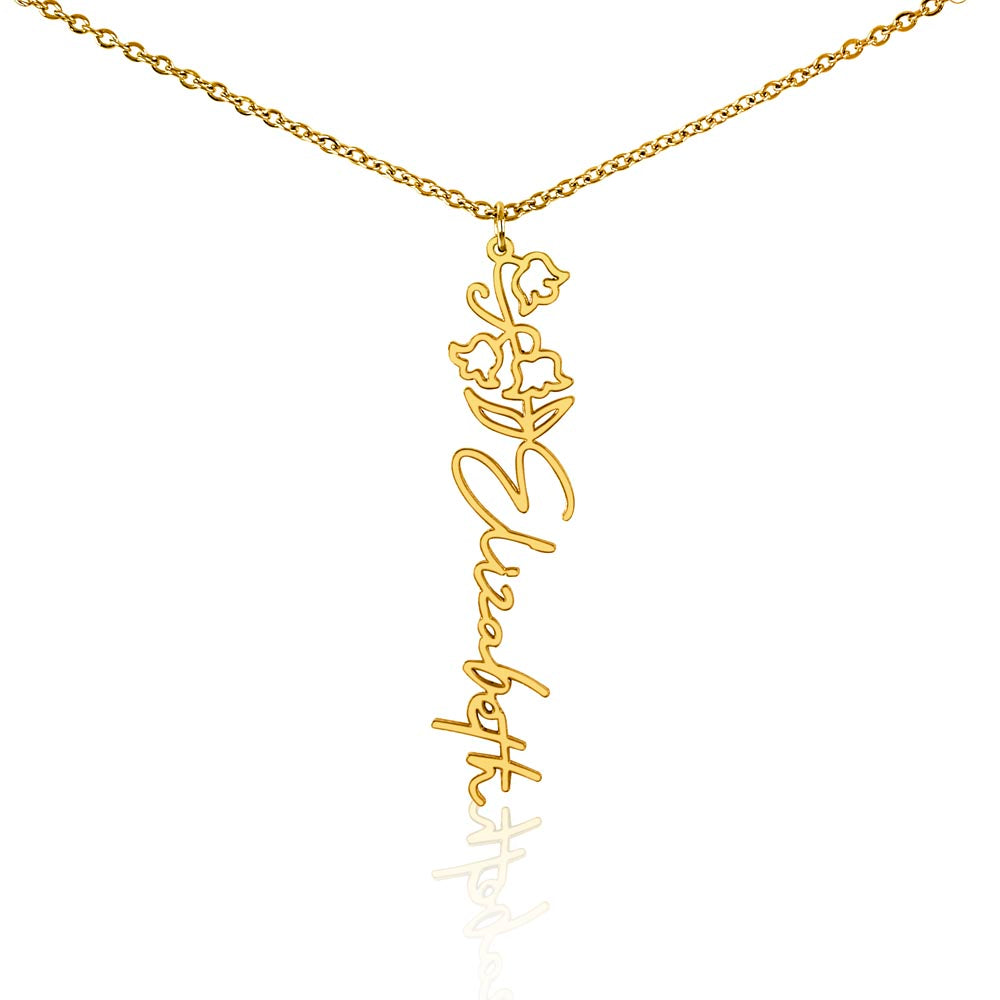 Personalized Birth Flower Name Necklace – Custom Vertical Signature Script Pendant Gift