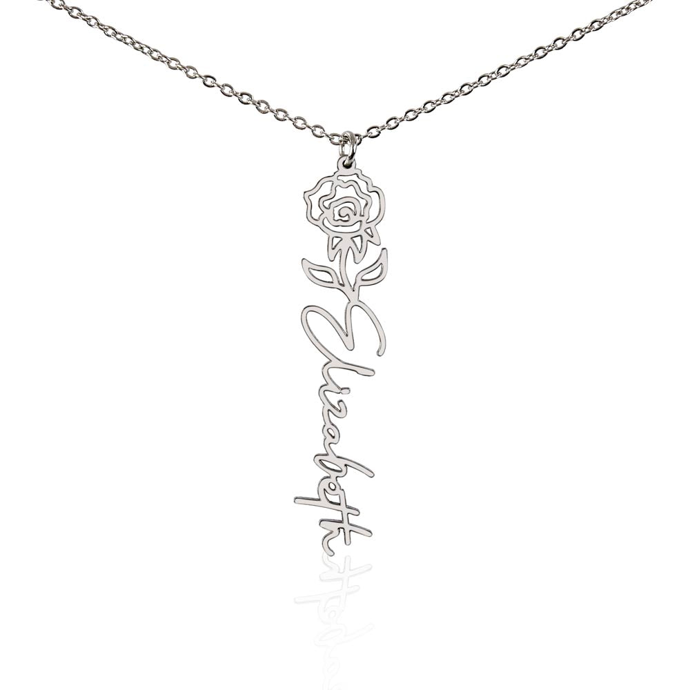 Personalized Birth Flower Name Necklace – Custom Vertical Signature Script Pendant Gift