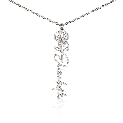 Personalized Birth Flower Name Necklace – Custom Vertical Signature Script Pendant Gift