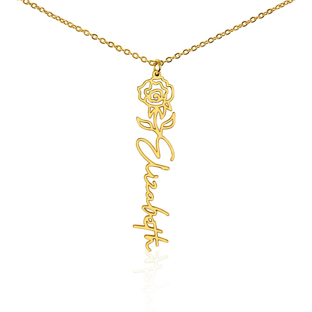 Personalized Birth Flower Name Necklace – Custom Vertical Signature Script Pendant Gift