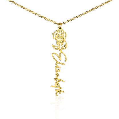 Personalized Birth Flower Name Necklace – Custom Vertical Signature Script Pendant Gift