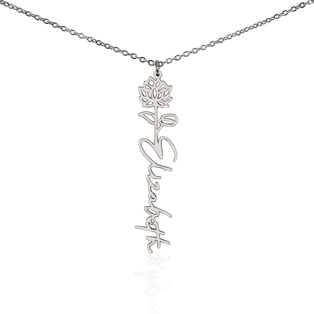 Personalized Birth Flower Name Necklace – Custom Vertical Signature Script Pendant Gift