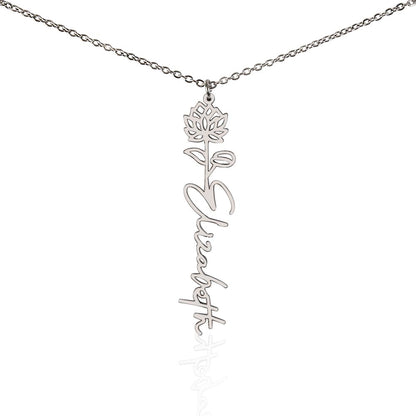 Personalized Birth Flower Name Necklace – Custom Vertical Signature Script Pendant Gift