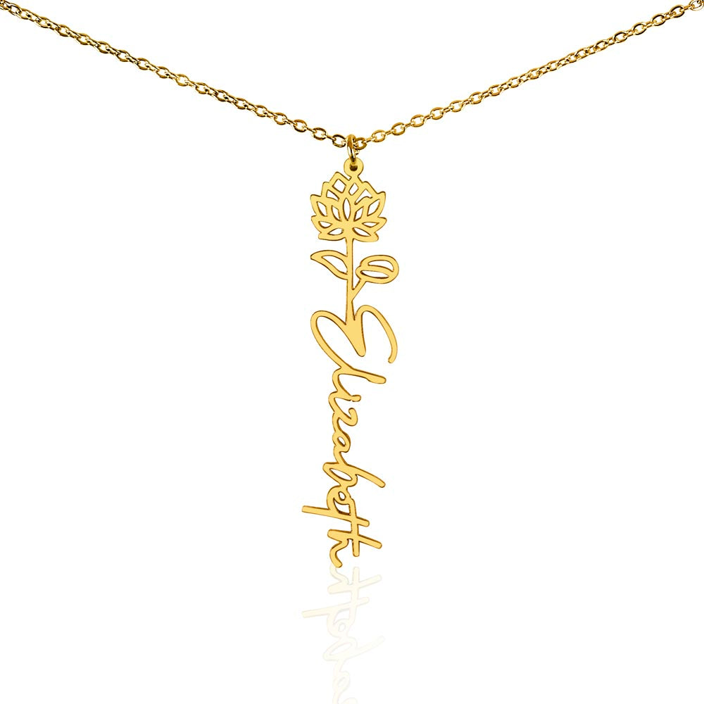 Personalized Birth Flower Name Necklace – Custom Vertical Signature Script Pendant Gift