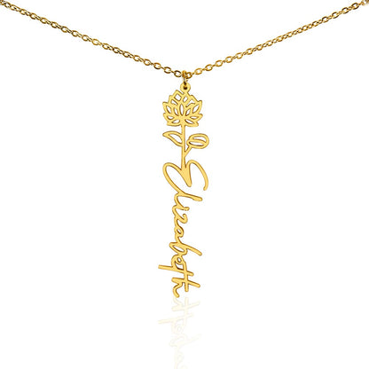 Personalized Birth Flower Name Necklace – Custom Vertical Signature Script Pendant Gift