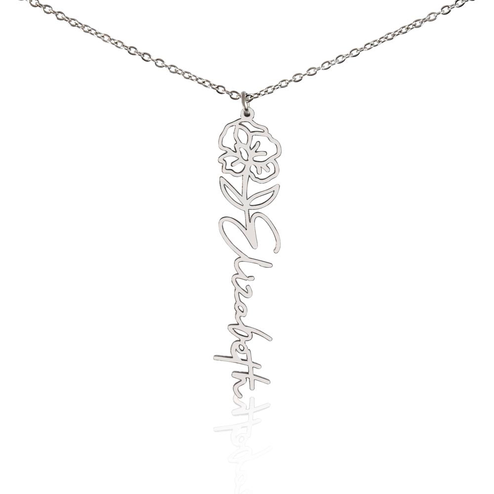 Personalized Birth Flower Name Necklace – Custom Vertical Signature Script Pendant Gift