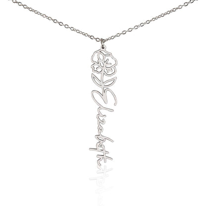 Personalized Birth Flower Name Necklace – Custom Vertical Signature Script Pendant Gift
