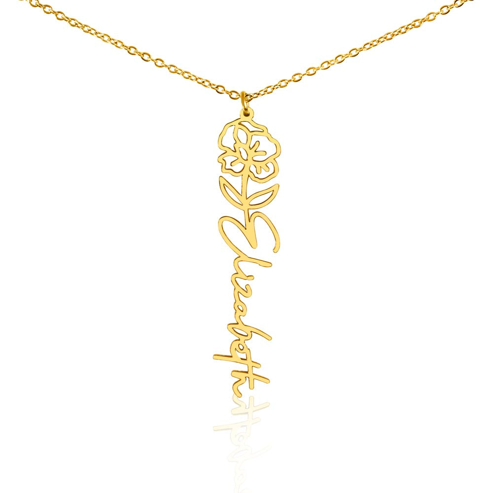 Personalized Birth Flower Name Necklace – Custom Vertical Signature Script Pendant Gift